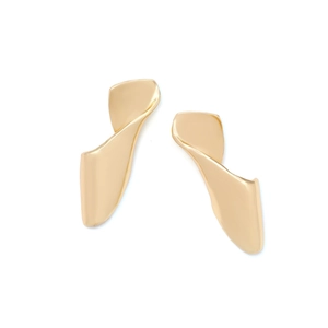 Modern abstract twisted geometric gold earrings with a polished metallic finish on white back