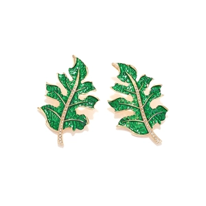 Elegant gold leaf earrings with green enamel coating and shimmering crystal details