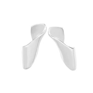 Modern silver abstract twisted geometric stud earrings with polished liquid metal texture