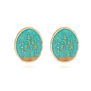 Vintage Oval Stud Earrings For Women Zinc Alloy Enamel Forest Pine Tree Design With Stainless Steel Earring Post