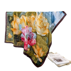 Ink lotus silk scarf with yellow and pink floral print and brown hemmed edges