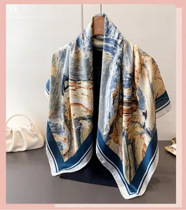 Detailed abstract oil painting print on silky large square scarf hung on a hanger