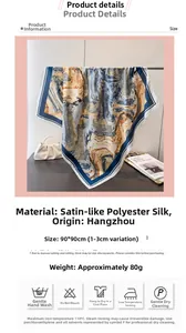 Detail showing the abstract oil painting pattern on the 90x90cm satin silk scarf