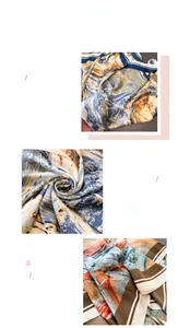 Detail of oil painting print faux silk scarf showing vibrant colors and fine stitching