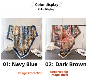 Detailed macro view of oil painting silk scarf with elegant navy and brown abstract patterns