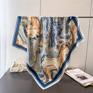 Abstract oil painting style silk square scarf draped with elegant pearl handbag
