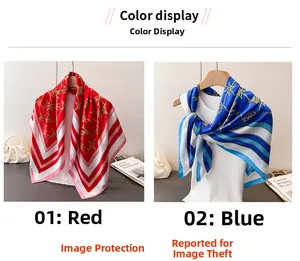 Detailed view of vintage chain patterns on red and blue silk-like square scarves