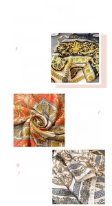 Detailed macro view of Baroque printed silk scarf featuring fine hem and high quality texture