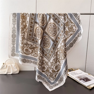 Luxury silk-like square scarf with gold baroque pattern and blue Greek key border