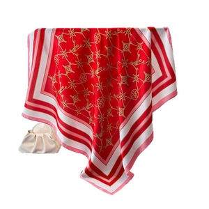 Luxurious red silk-like square scarf with gold chain print and geometric border for women