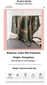 Detail view of 90x90cm satin scarf with geometric mandala pattern and material specs