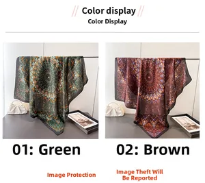 Detailed comparison of satin scarves featuring intricate mandala patterns in green and brown