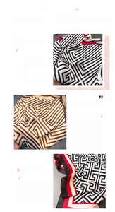 Detailed view of geometric print satin silk scarf with fine printing and hemmed edges