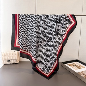 Elegant geometric meander pattern satin square scarf with red and black block borders
