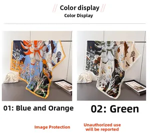 Détail de carrés de soie satinée à imprimé floral en bleu-orange et tons verts