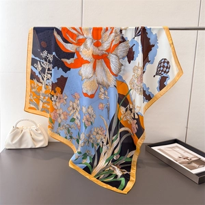 Grand Foulard Carré Élégant Pour Femmes En Satin Polyester Imitation Satin Imprimé Floral Couleur Contrastée Châle À La Mode