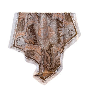 Carré de soie satiné rétro avec motifs cachemire vintage en marron terreux et blanc