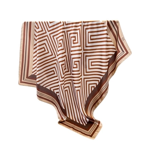 Elegant square satin scarf with geometric maze pattern in brown and beige colors