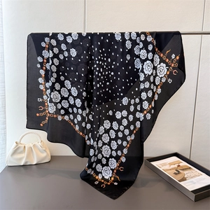 Floral satin square scarf with white roses, polka dots and orange chain print on black