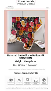 Detail view of 90cm floral satin scarf with washing care instructions and material specs