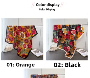 Floral print silk scarf collection in orange and black with premium satin finish