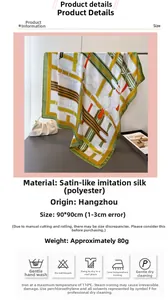 Detail view of 90x90cm equestrian print satin scarf with chain patterns and sizing info