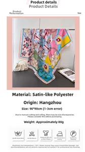 Detailed view of 90x90cm satin silk scarf featuring vibrant floral patterns and abstract motifs