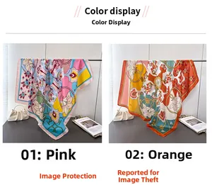 Detail view of pink and orange silk scarves with premium floral and geometric prints
