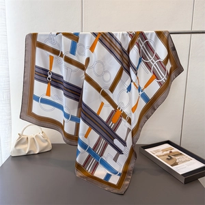 Equestrian satin square scarf with bridle print and horse motif for elegant women