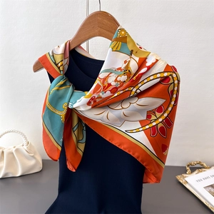 Luxurious cartoon silk scarf featuring Dunhuang mural prints in vibrant orange and teal