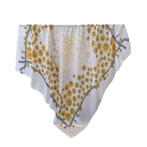 Floral satin square scarf with yellow roses and chain patterns on white background