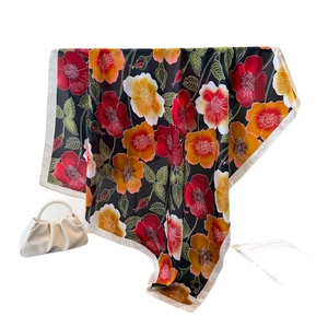 Floral print faux silk square scarf with vibrant blooms and elegant white borders