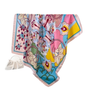 Luxurious faux silk square scarf with colorful cartoon print and contrast border
