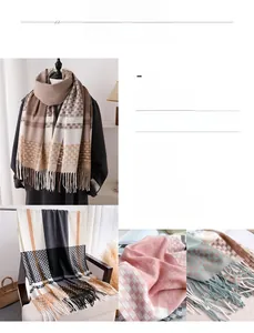 Close-up of classic plaid pattern and fringe tassels on a soft cashmere-feel scarf