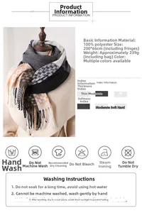 Detail view of plaid scarf material with tassel edge and specifications in a table