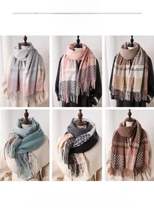 Detail showcasing six classic plaid tassel scarves in various colors and soft texture