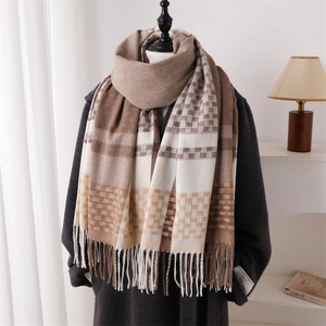 Classic plaid warm winter scarf for women with tassels in earth tone colors