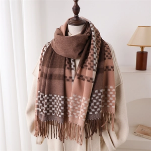 Classic plaid tassel scarf in coffee brown cashmere-feel knit on a chic model