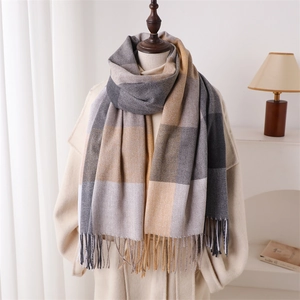 Écharpe châle à carreaux colorés avec franges en tissu imitation cachemire gris et jaune