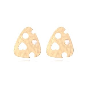 Hammered Matt Gold Stud Earrings Alloy Irregular Geometric Triangle Hollow Heart Faux Artificial Pearl Vintage Artistic For Women