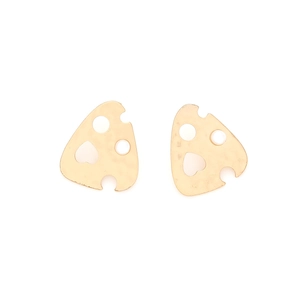 Detailed view of gold irregular geometric stud earrings with hollow heart and circle cutouts