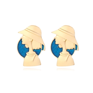Boucles d'oreilles Puces Profil Féminin Artistique Rétro Alliage Plqué Or Émail Bleu Silhouette Bijoux De Mode