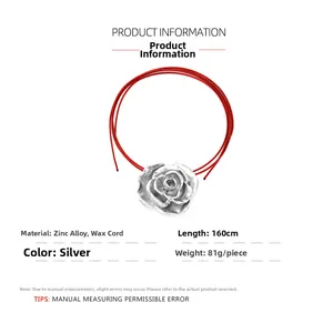 Silver 3D rose pendant detail with red wax cord specs and material dimensions