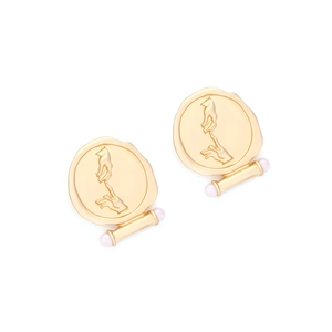 Vintage matte gold relief badge earrings with artistic hand motif and pearl accents