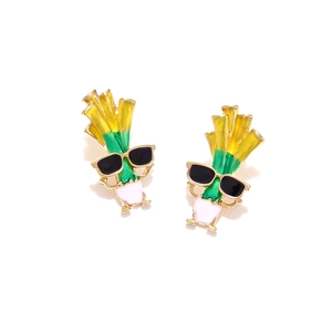 Funny cartoon onion stud earrings with sunglasses design in gold plated enamel finish