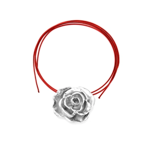 Minimalist 3D silver metal rose pendant with vibrant red cord necklace for women
