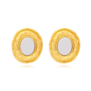 Oval Alloy Stud Earrings Vintage Geometric Hammered Texture Two Tone Metal Retro Statement Jewelry For Women