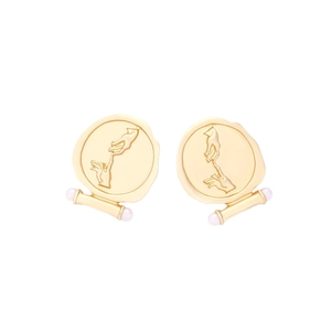 Vintage gold relief emblem earrings with symbolic hands and white pearl accents