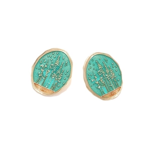 Vintage forest night oval stud earrings with blue enamel and golden tree design