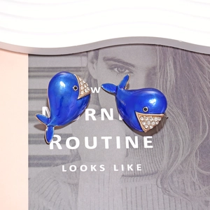 Boucles d'oreilles baleine en émail bleu avec cristaux brillants et plaqué or pour femme